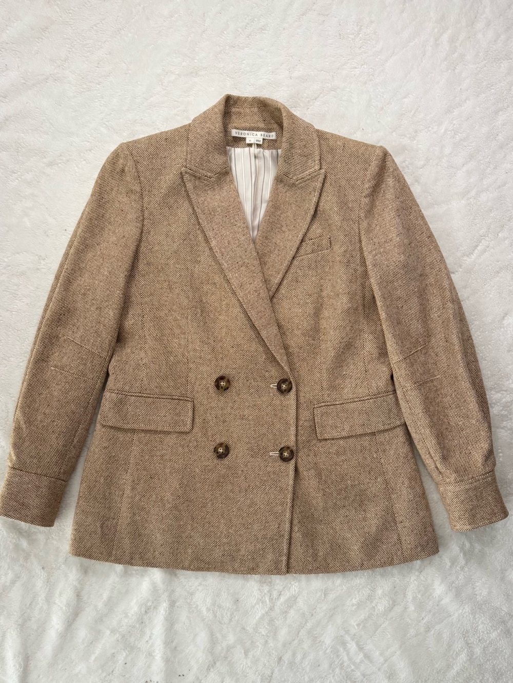 Veronica Beard Pyle Dickey Double-Breasted Tan Wool-Blend Blazer